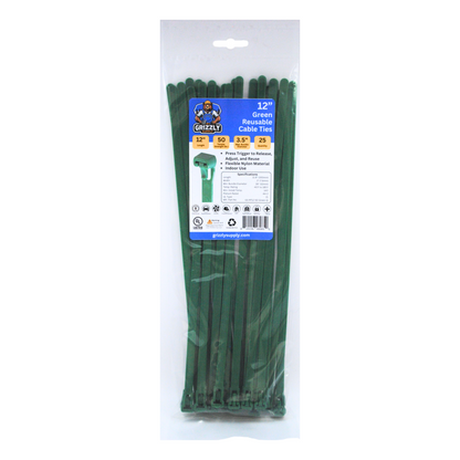 Front view of Grizzly Supply 12-inch 50lb green reusable and releasable cable ties, designed for adjustable and durable cable management, perfect for versatile and repeated use in various settings.