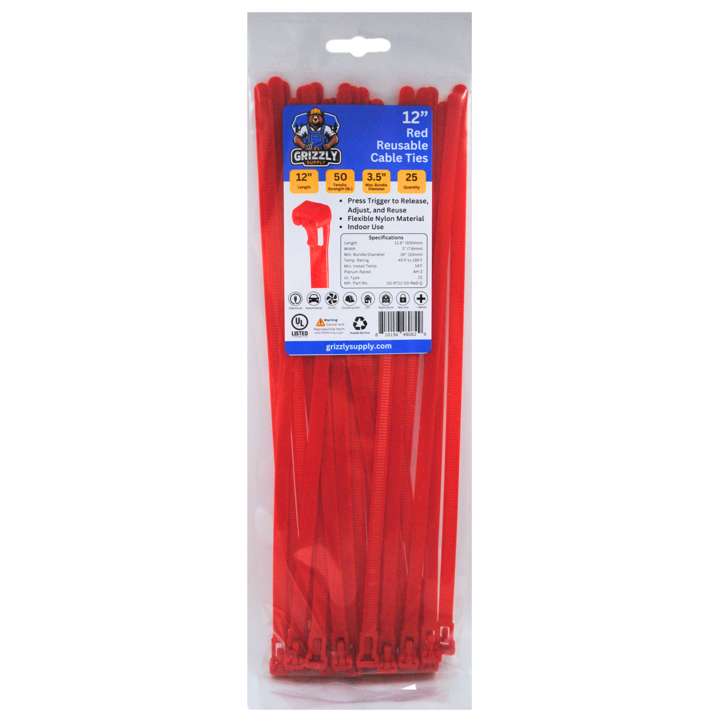 Front view of Grizzly Supply 12-inch 50lb red reusable and releasable cable ties, designed for adjustable and durable cable management, perfect for versatile and repeated use in various settings.