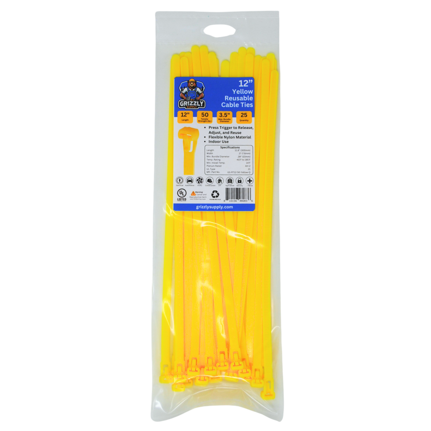 Front view of Grizzly Supply 12-inch 50lb yellow reusable and releasable cable ties, designed for adjustable and durable cable management, perfect for versatile and repeated use in various settings.