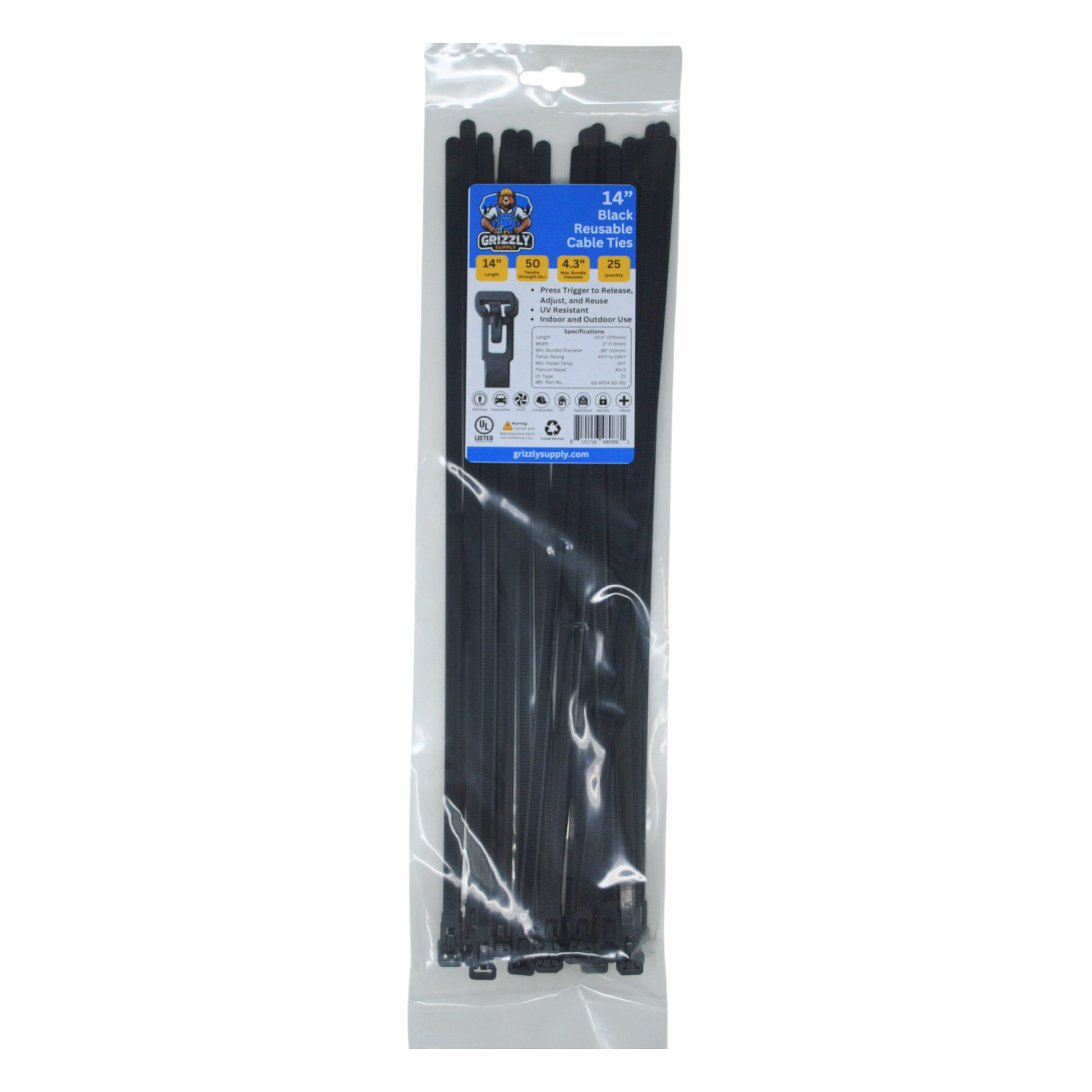 Front view of Grizzly Supply 14-inch 50lb black reusable and releasable cable ties, designed for adjustable and durable cable management, ideal for versatile and repeated use in various settings.