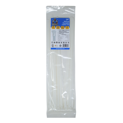 Front view of Grizzly Supply 14-inch 50lb natural reusable and releasable cable ties, designed for adjustable and durable cable management, ideal for versatile and repeated use in various settings.