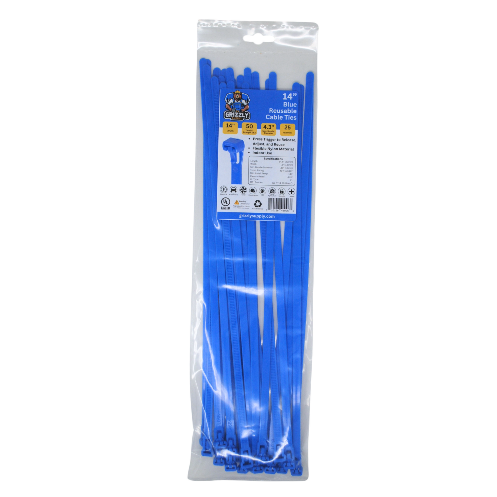 Front view of Grizzly Supply 14-inch 50lb blue reusable and releasable cable ties, designed for adjustable and durable cable management, ideal for versatile and repeated use in various settings.