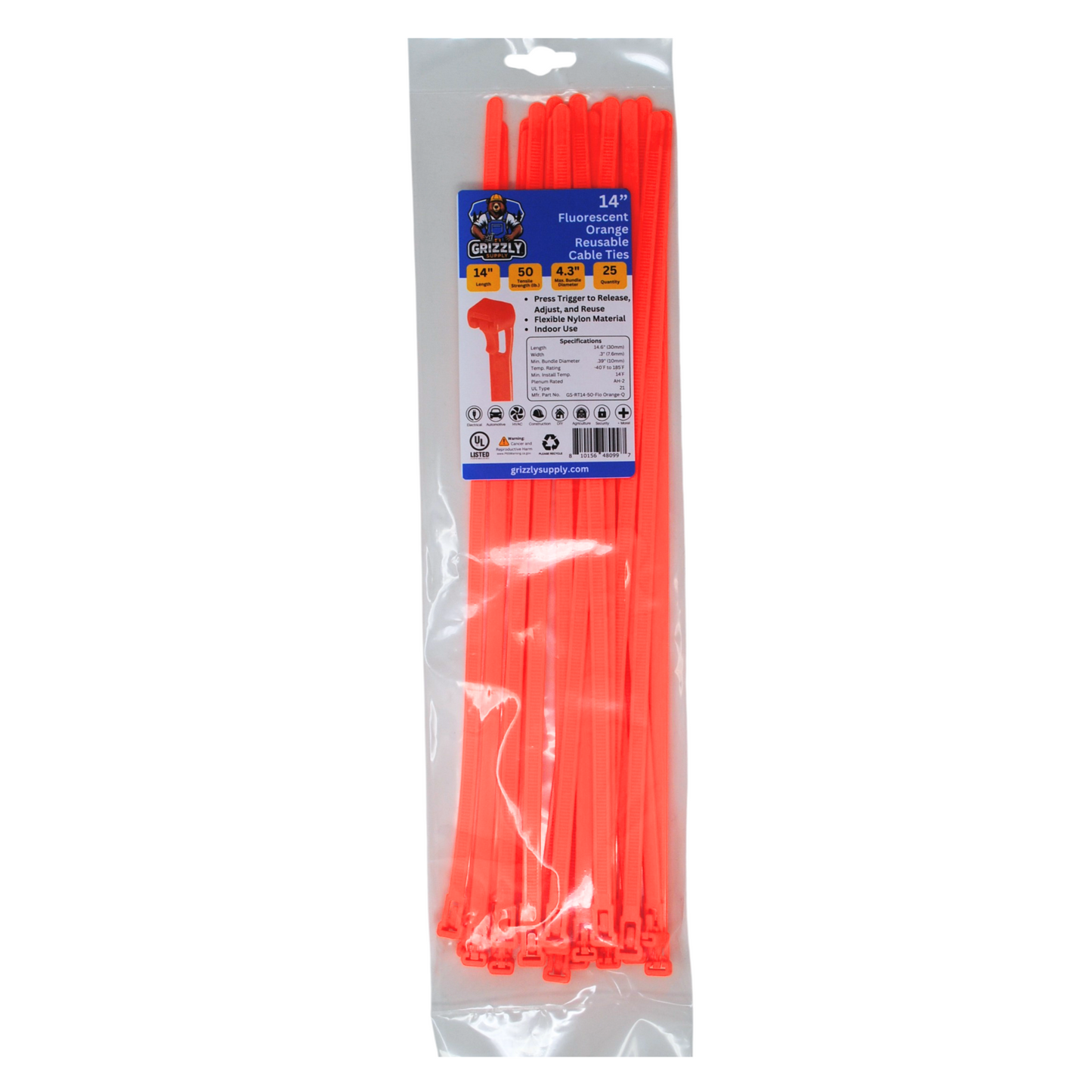 Front view of Grizzly Supply 14-inch 50lb fluorescent orange reusable and releasable cable ties, designed for adjustable and durable cable management, ideal for versatile and repeated use in various settings.