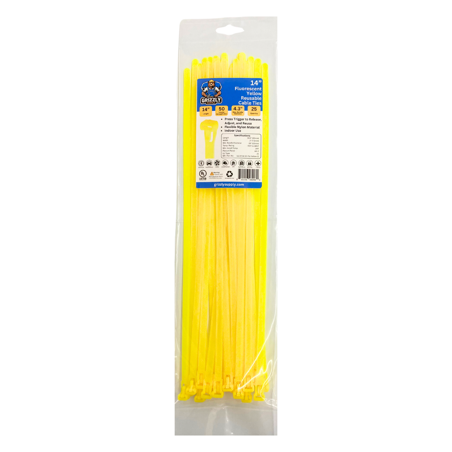 Front view of Grizzly Supply 14-inch 50lb fluorescent yellow reusable and releasable cable ties, designed for adjustable and durable cable management, ideal for versatile and repeated use in various settings.