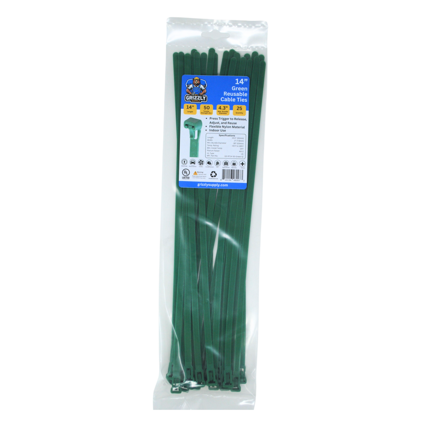 Front view of Grizzly Supply 14-inch 50lb green reusable and releasable cable ties, designed for adjustable and durable cable management, ideal for versatile and repeated use in various settings.