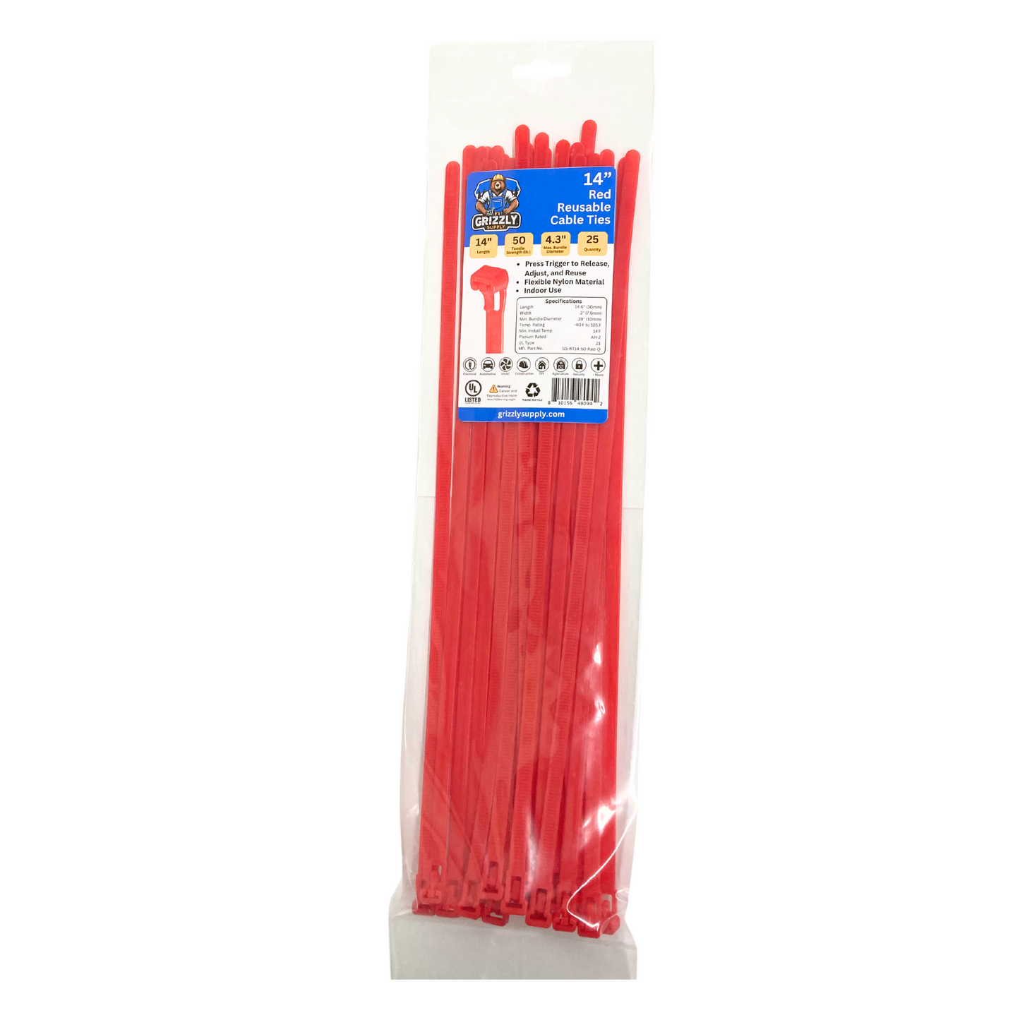 Front view of Grizzly Supply 14-inch 50lb red reusable and releasable cable ties, designed for adjustable and durable cable management, ideal for versatile and repeated use in various settings.