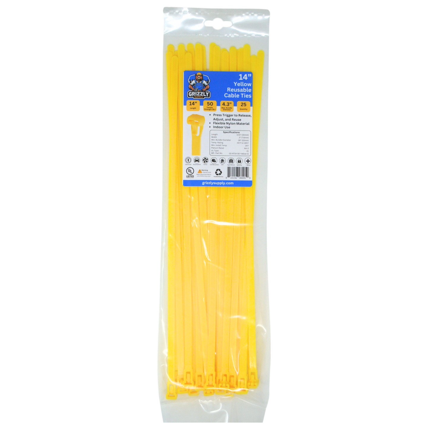 Front view of Grizzly Supply 14-inch 50lb yellow reusable and releasable cable ties, designed for adjustable and durable cable management, ideal for versatile and repeated use in various settings.