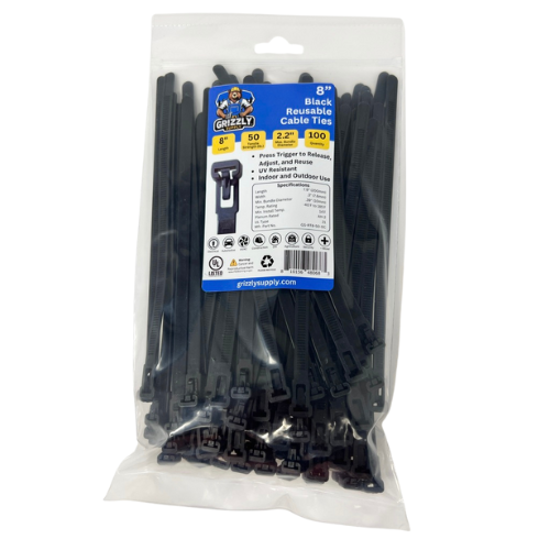 Front view of Grizzly Supply 8-inch 50lb black reusable and releasable cable ties, designed for adjustable and durable cable management, ideal for versatile and repeated use in various settings.