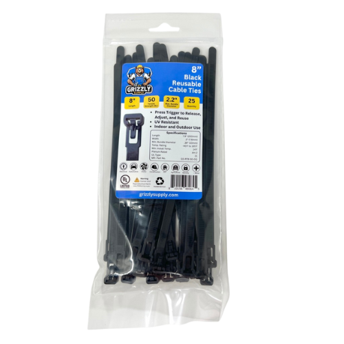 Front view of Grizzly Supply 8-inch 50lb black reusable and releasable cable ties, designed for adjustable and durable cable management, ideal for versatile and repeated use in various settings.