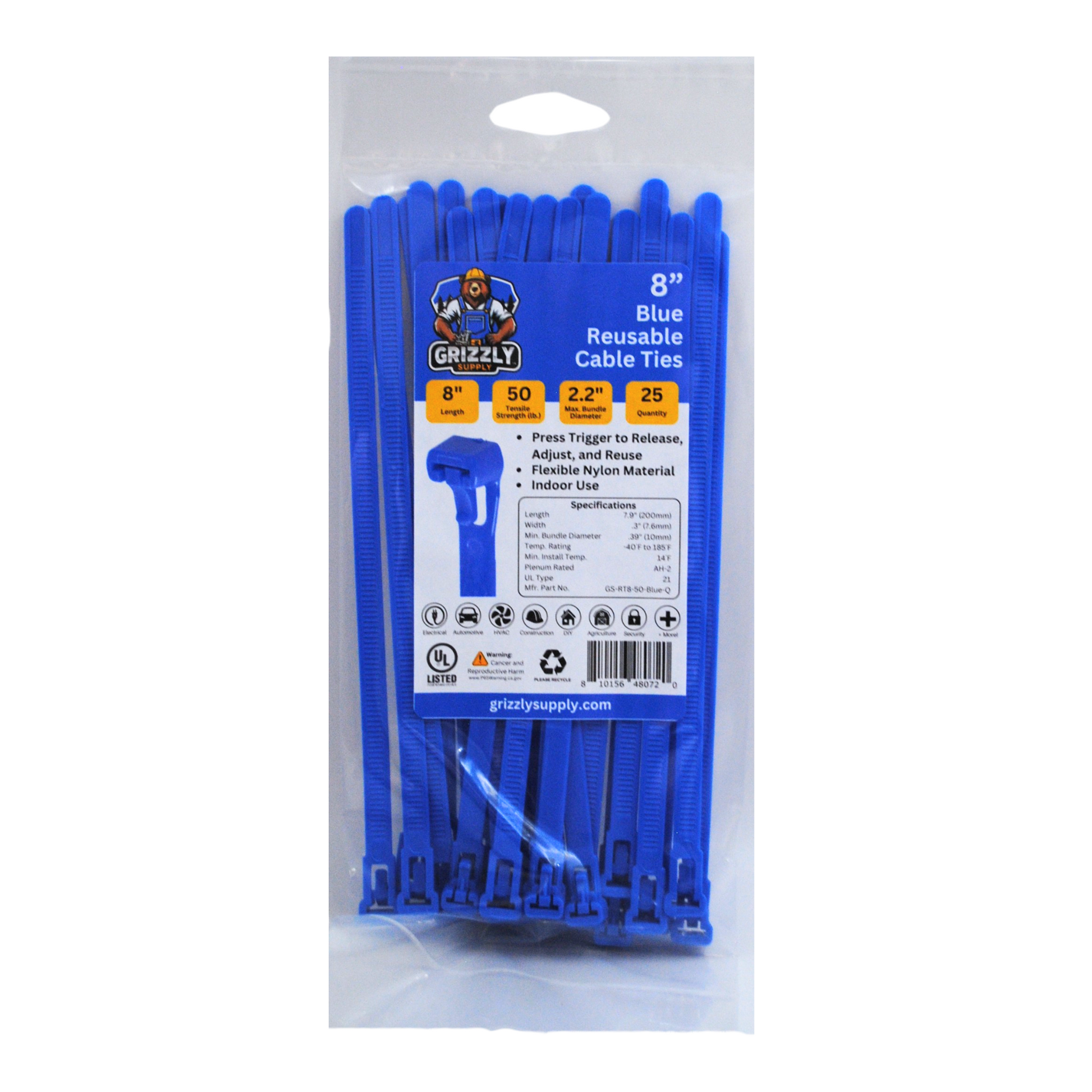 Front view of Grizzly Supply 8-inch 50lb blue reusable and releasable cable ties, designed for adjustable and durable cable management, ideal for versatile and repeated use in various settings.