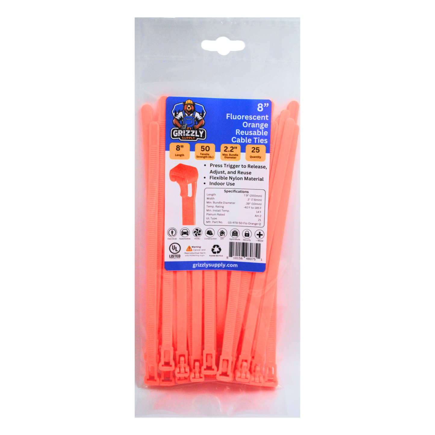 Front view of Grizzly Supply 8-inch 50lb fluorescent orange reusable and releasable cable ties, designed for adjustable and durable cable management, ideal for versatile and repeated use in various settings.