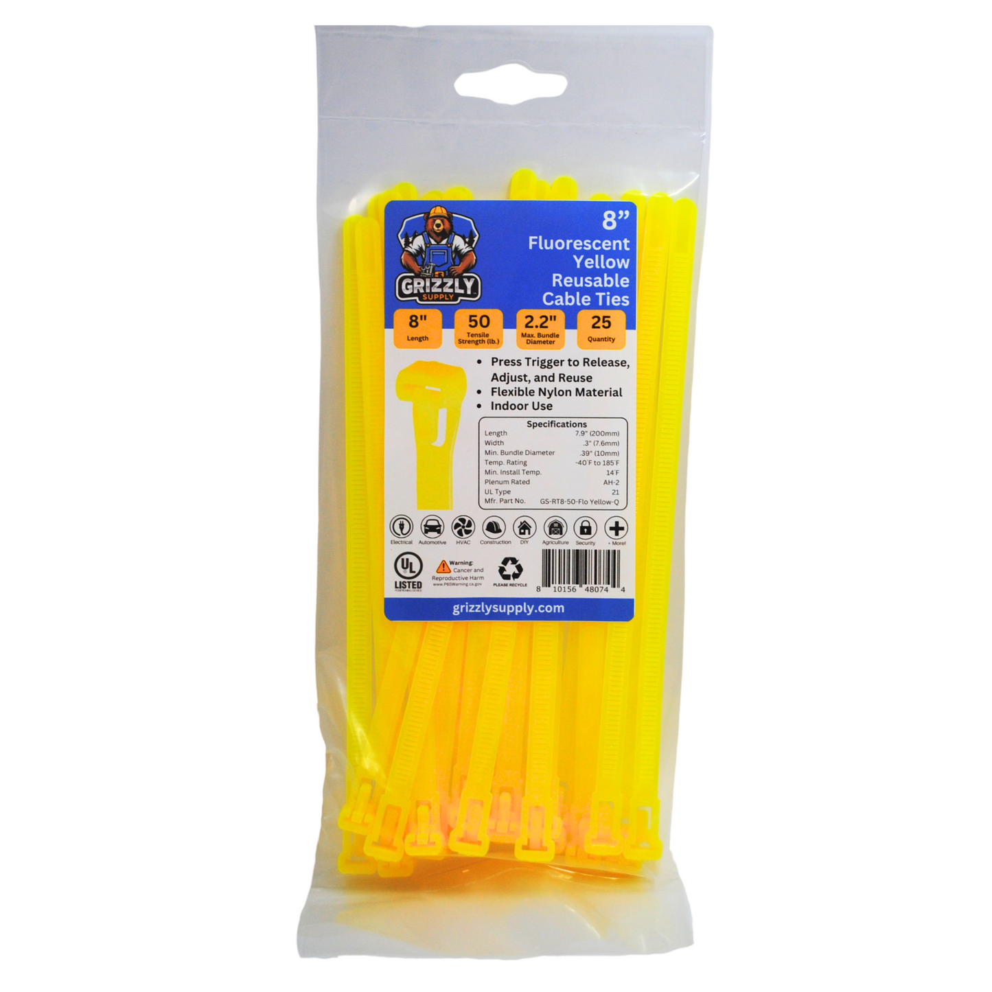 Front view of Grizzly Supply 8-inch 50lb fluorescent yellow reusable and releasable cable ties, designed for adjustable and durable cable management, ideal for versatile and repeated use in various settings.