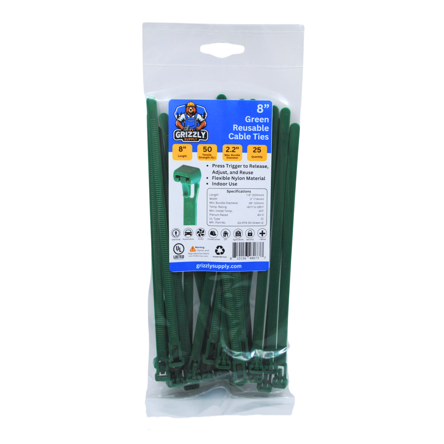 Front view of Grizzly Supply 8-inch 50lb green reusable and releasable cable ties, designed for adjustable and durable cable management, ideal for versatile and repeated use in various settings.