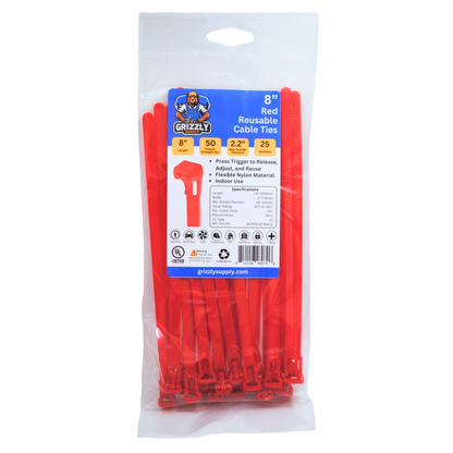 Front view of Grizzly Supply 8-inch 50lb red reusable and releasable cable ties, designed for adjustable and durable cable management, ideal for versatile and repeated use in various settings.