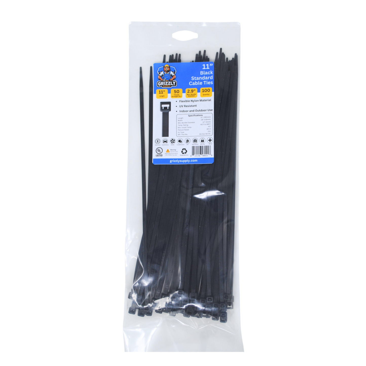 Grizzly Supply 11-inch 50lb black standard cable tie, featuring durable construction for reliable and heavy-duty cable management across various applications.