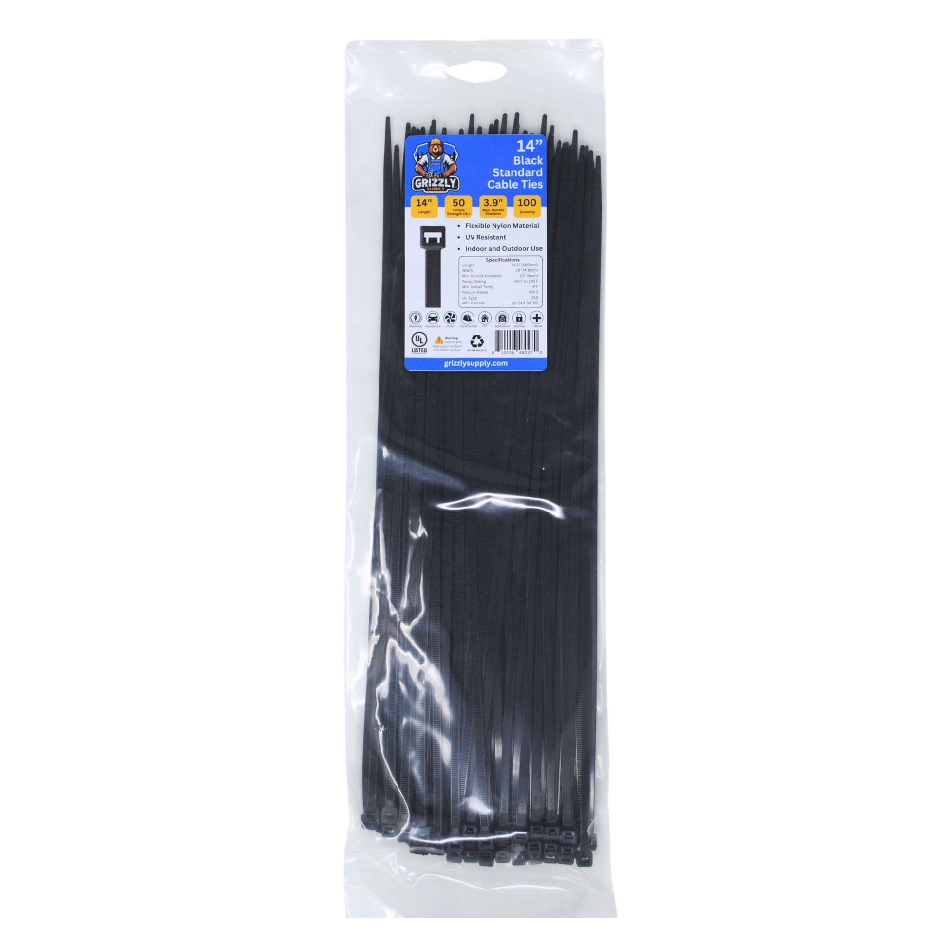 Grizzly Supply 14-inch 50lb black standard cable tie, featuring durable construction for reliable and heavy-duty cable management across various applications.