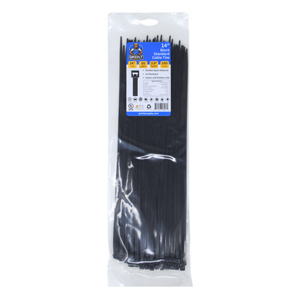 Grizzly Supply 14-inch 50lb black standard cable tie, featuring durable construction for reliable and heavy-duty cable management across various applications.