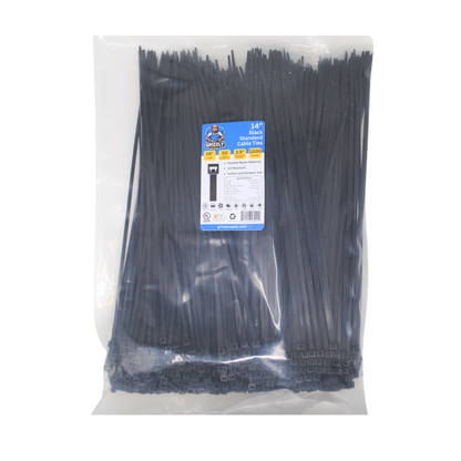 Grizzly Supply 14-inch 50lb black standard cable tie, featuring durable construction for reliable and heavy-duty cable management across various applications.