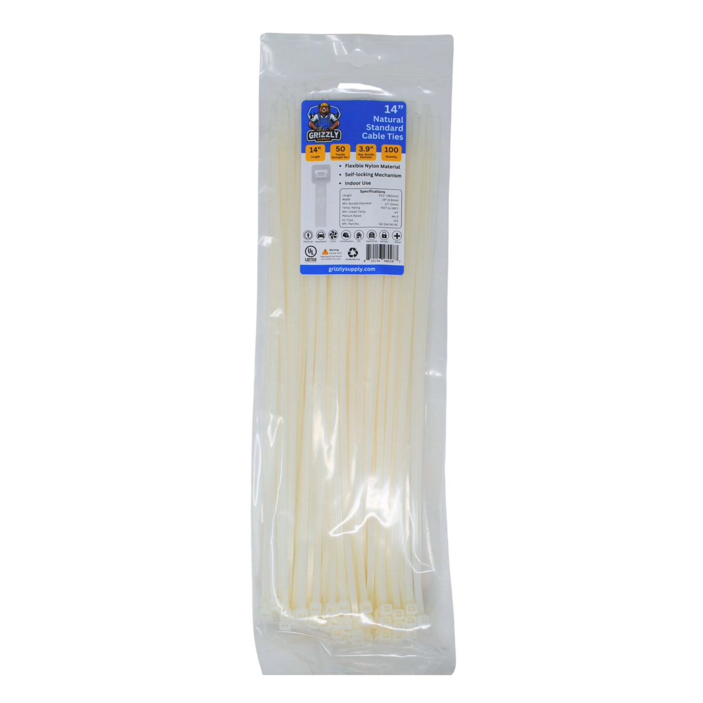 Grizzly Supply 14-inch 50lb natural standard cable tie, showcasing its durable construction for reliable and heavy-duty cable management in a range of applications.