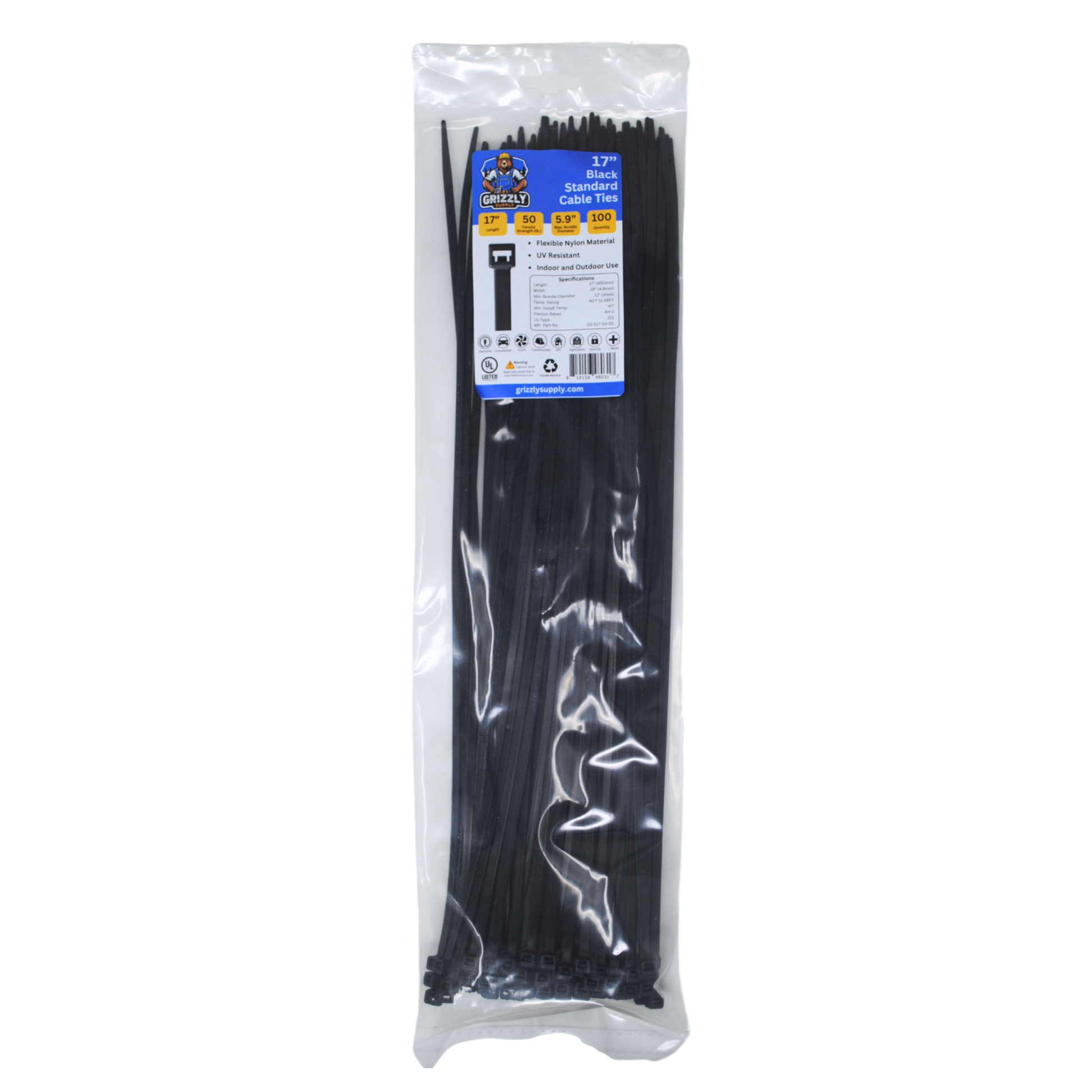 Grizzly Supply 17-inch 50lb black standard cable tie, featuring durable construction for reliable and heavy-duty cable management across various applications.