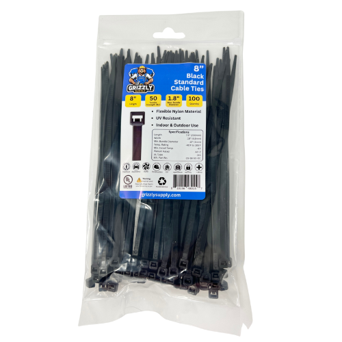 Grizzly Supply 8-inch 50lb black standard cable tie, featuring durable construction for reliable and heavy-duty cable management across various applications.