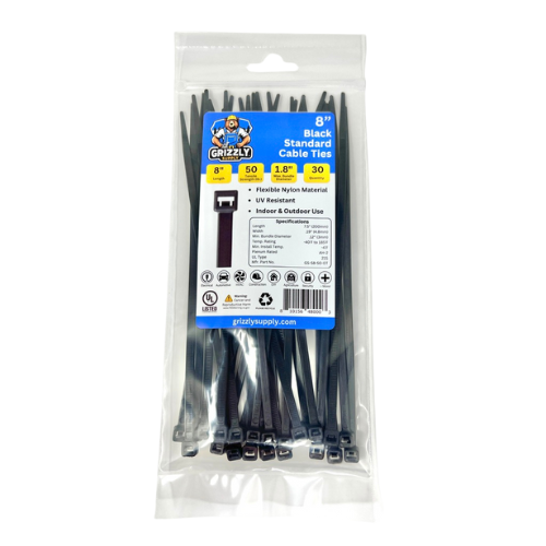 Grizzly Supply 8-inch 50lb black standard cable tie, featuring durable construction for reliable and heavy-duty cable management across various applications.