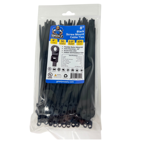 Front view of Grizzly Supply black screw mount cable ties, designed for secure attachment with screws for reliable cable management in various applications.