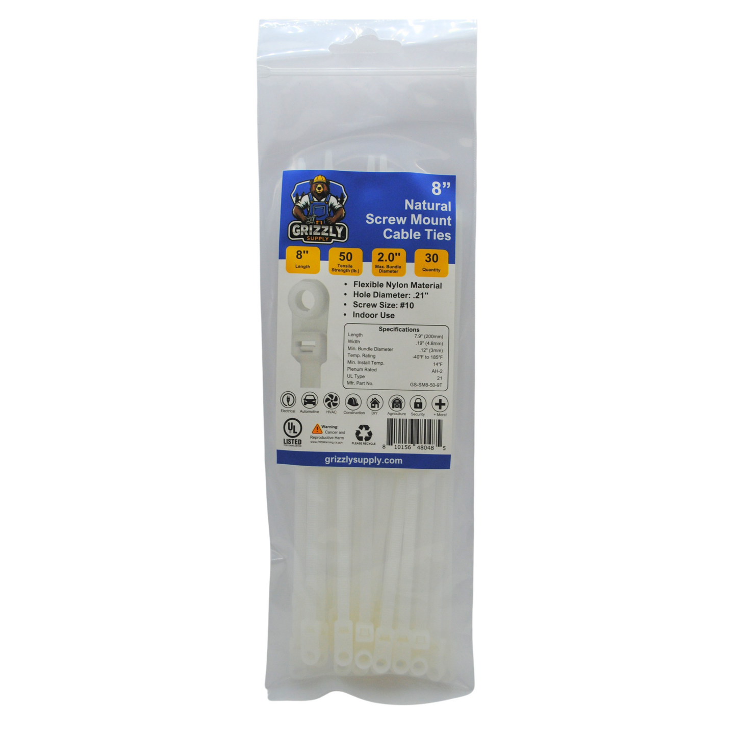 8" 50lb Natural Screw Mount Cable Tie 30/bag