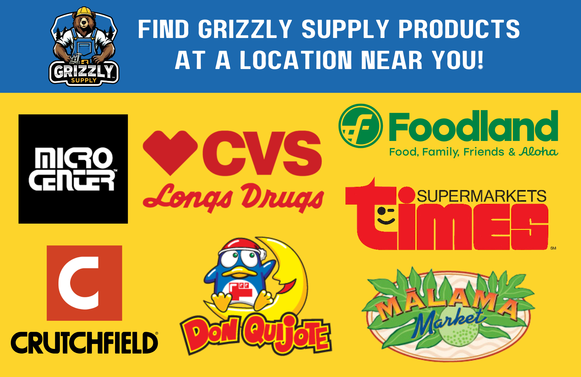 Logos showing the retail locations that Grizzly Supply cable ties and other cable management products can be found at