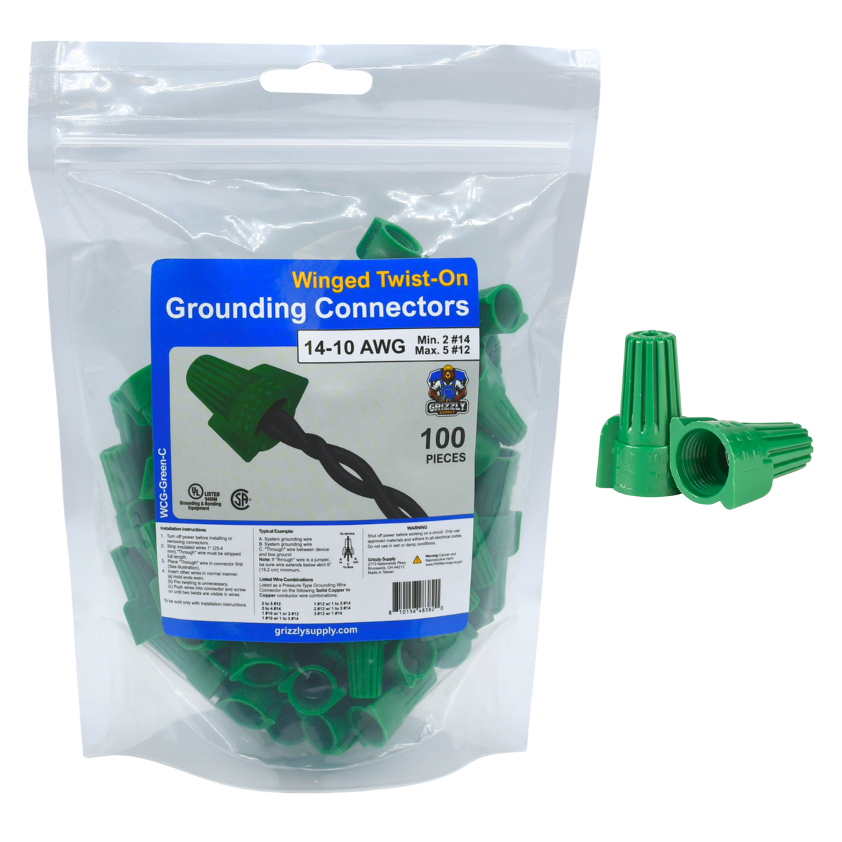 Winged Green Screw-On Wire Connector 14-10 100/bag