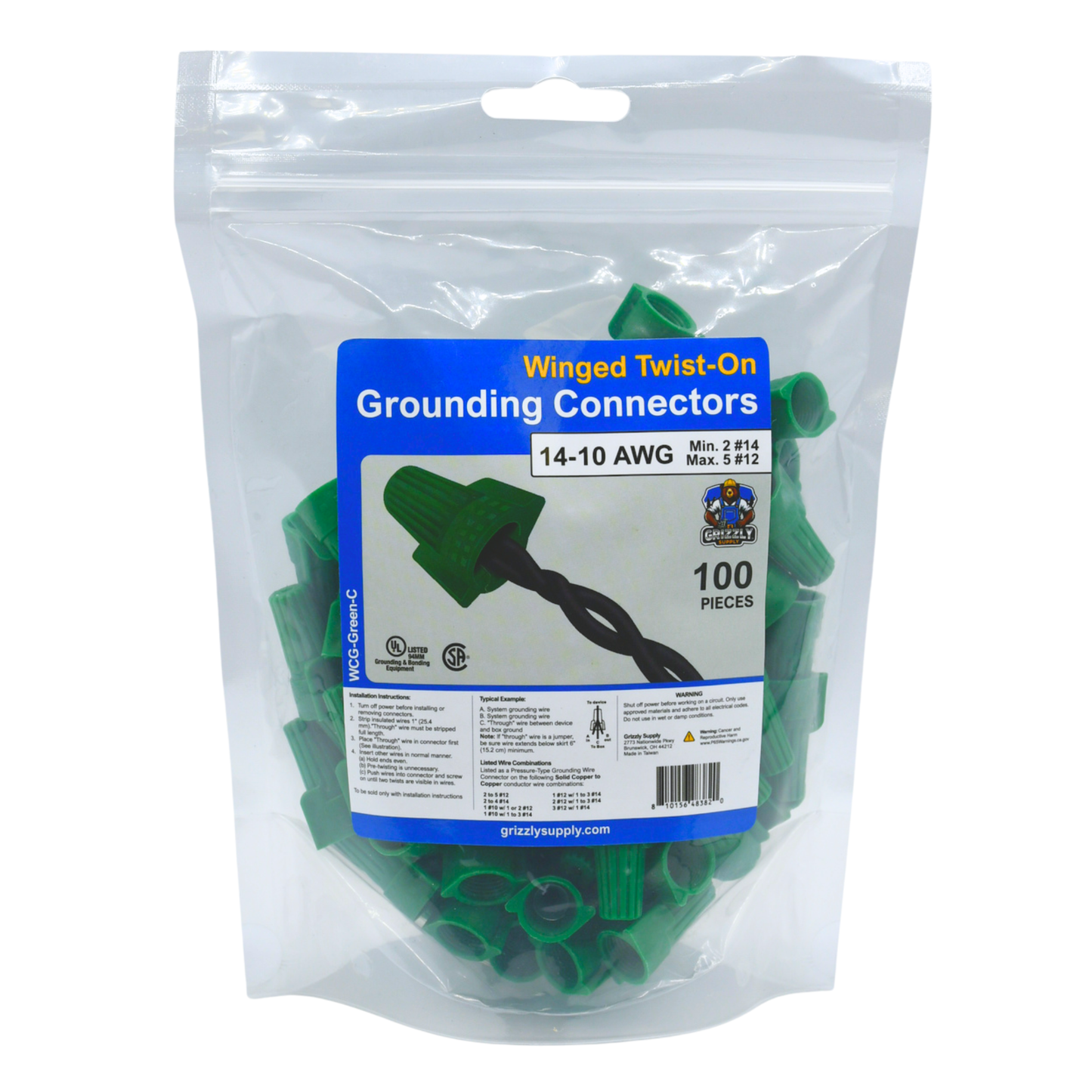 Winged Green Screw-On Wire Connector 14-10 100/bag