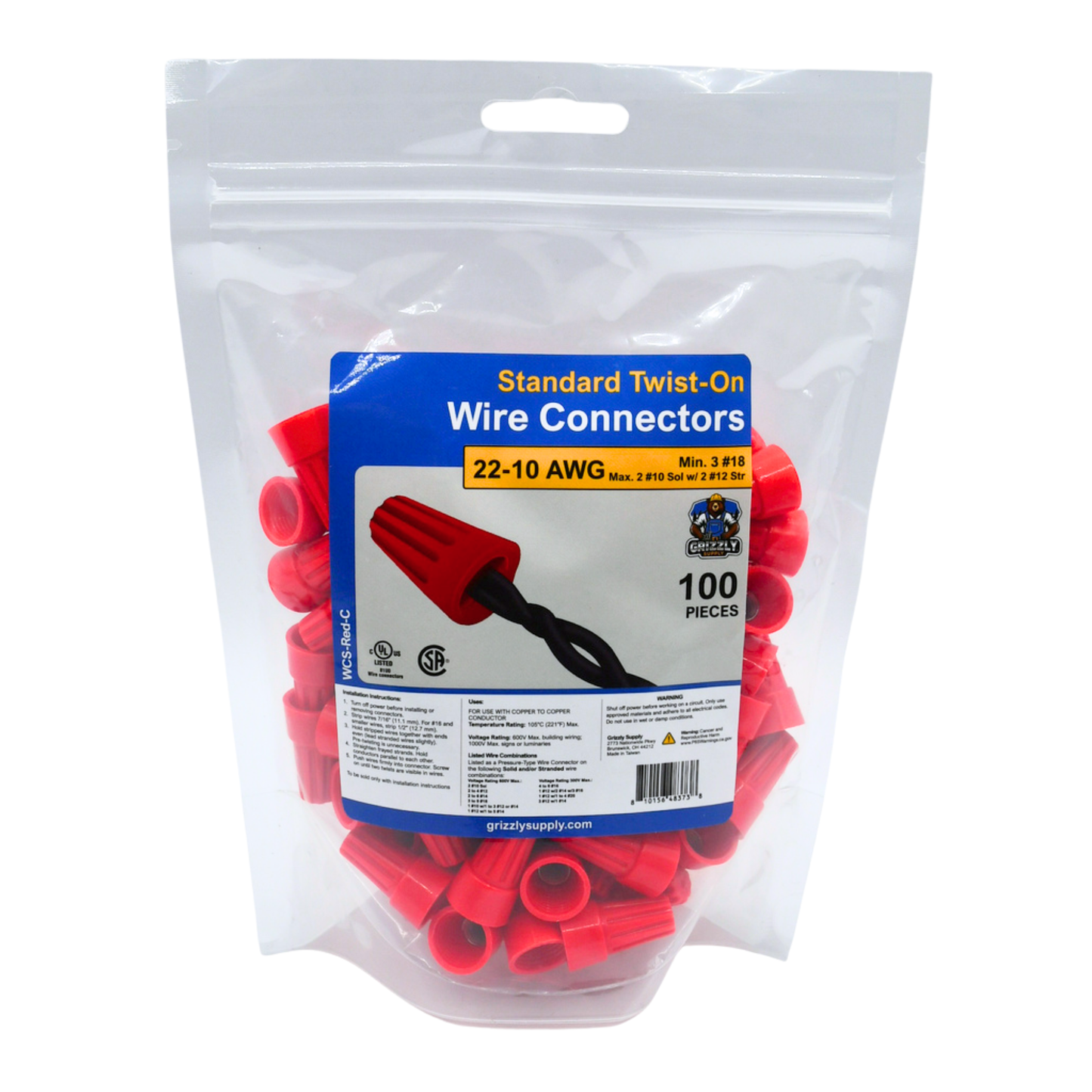 Standard Red Screw-On Wire Connector 18-10 100/bag