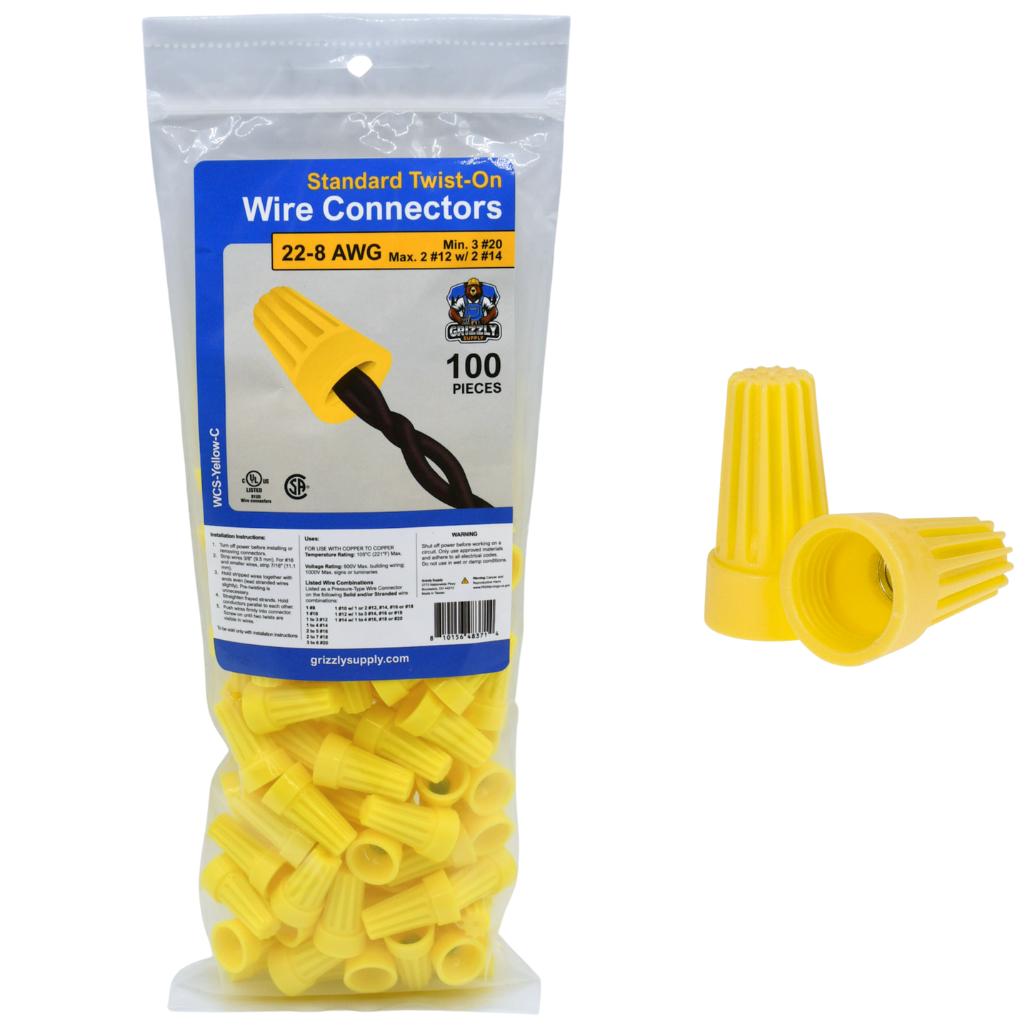 Standard Yellow Screw-On Wire Connector 22-10 100/bag