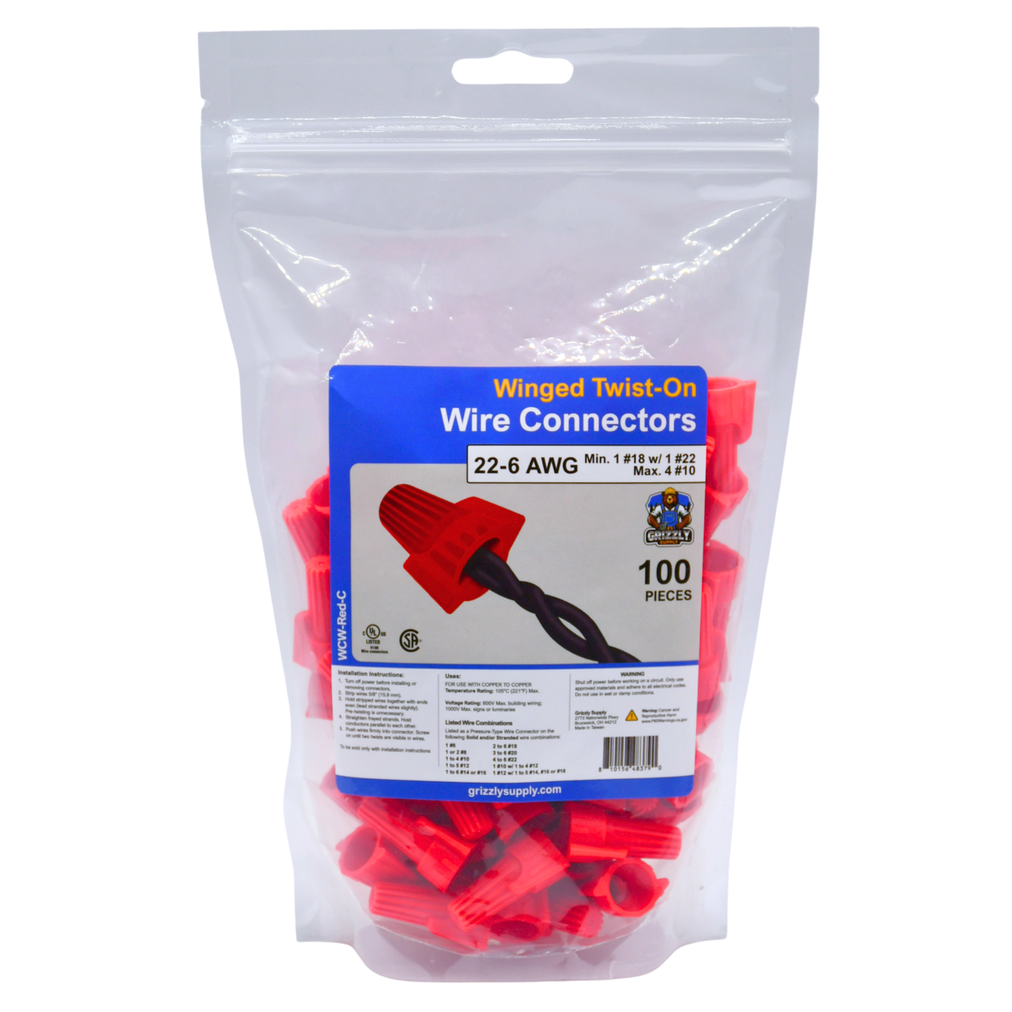 Winged Red Screw-On Wire Connector 16-12 100/bag