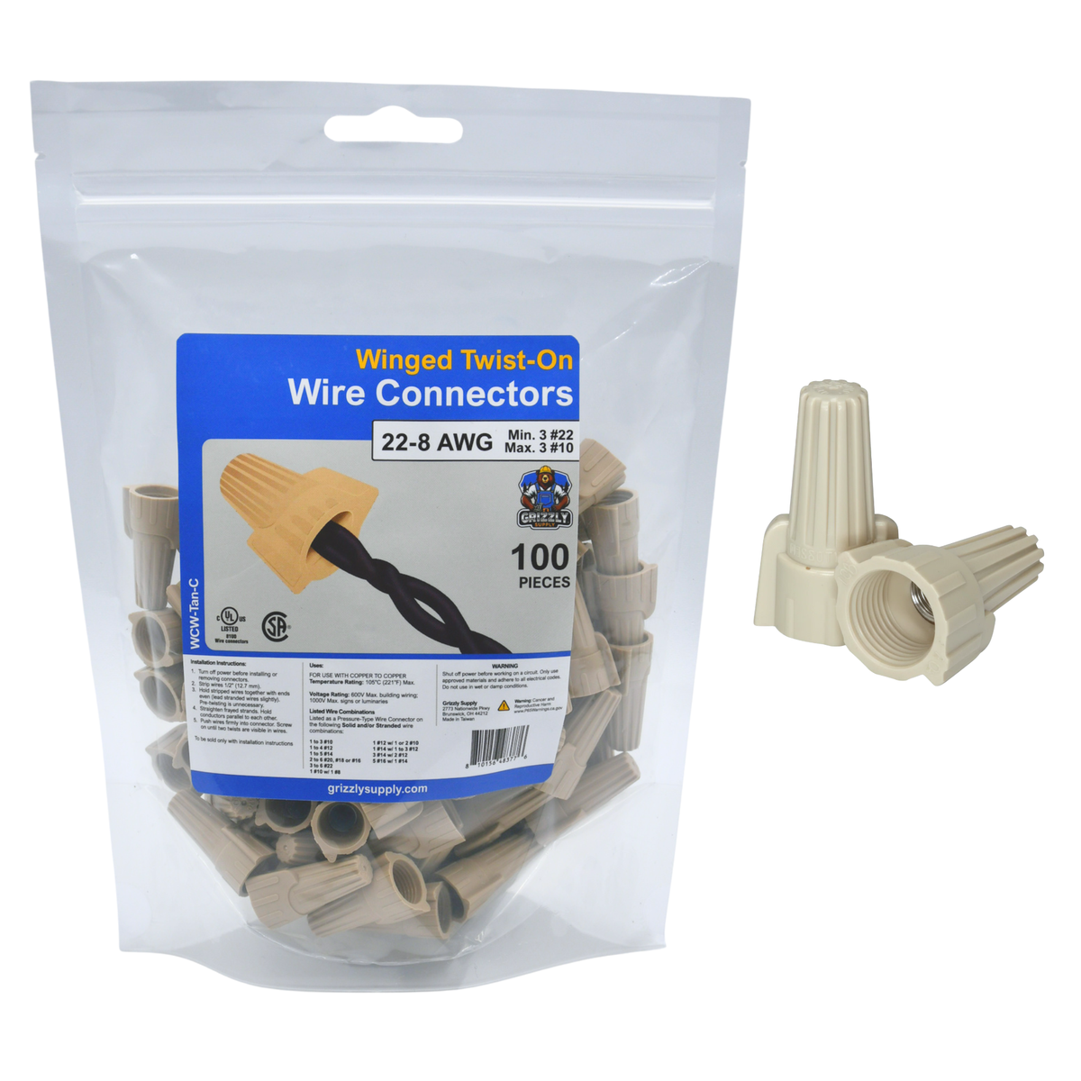 Winged Tan Screw-On Wire Connector 22-12 100/bag