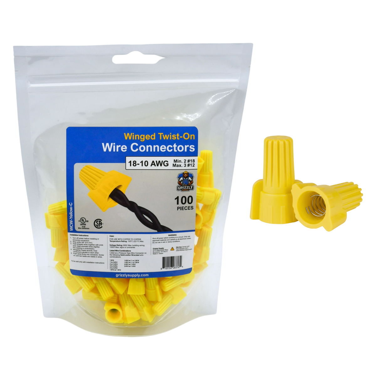 Winged Yellow Screw-On Wire Connector 18-12 100/bag
